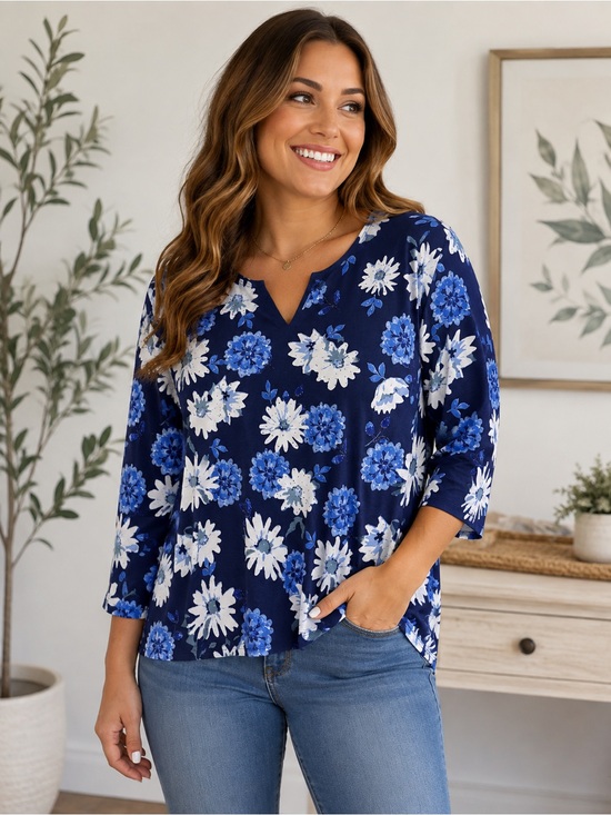 morning sun Tops - Navy Floral V-Neck 3/4 Sleeve Women's Top. EUC